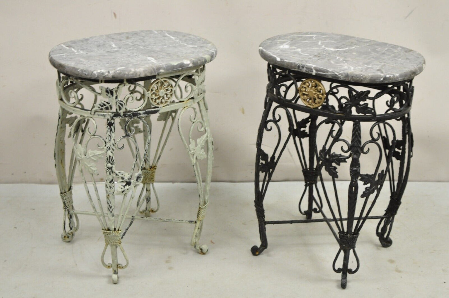 Vintage French Art Nouveau Wrought Iron Marble Top Painted Side Tables - a Pair