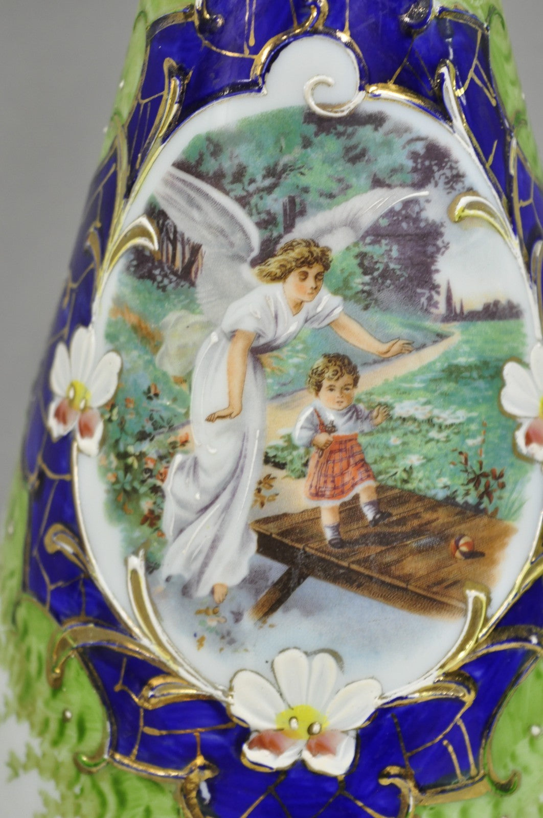 Antique Victorian French Hand Painted Angel and Child Glass Table Lamps - a Pair