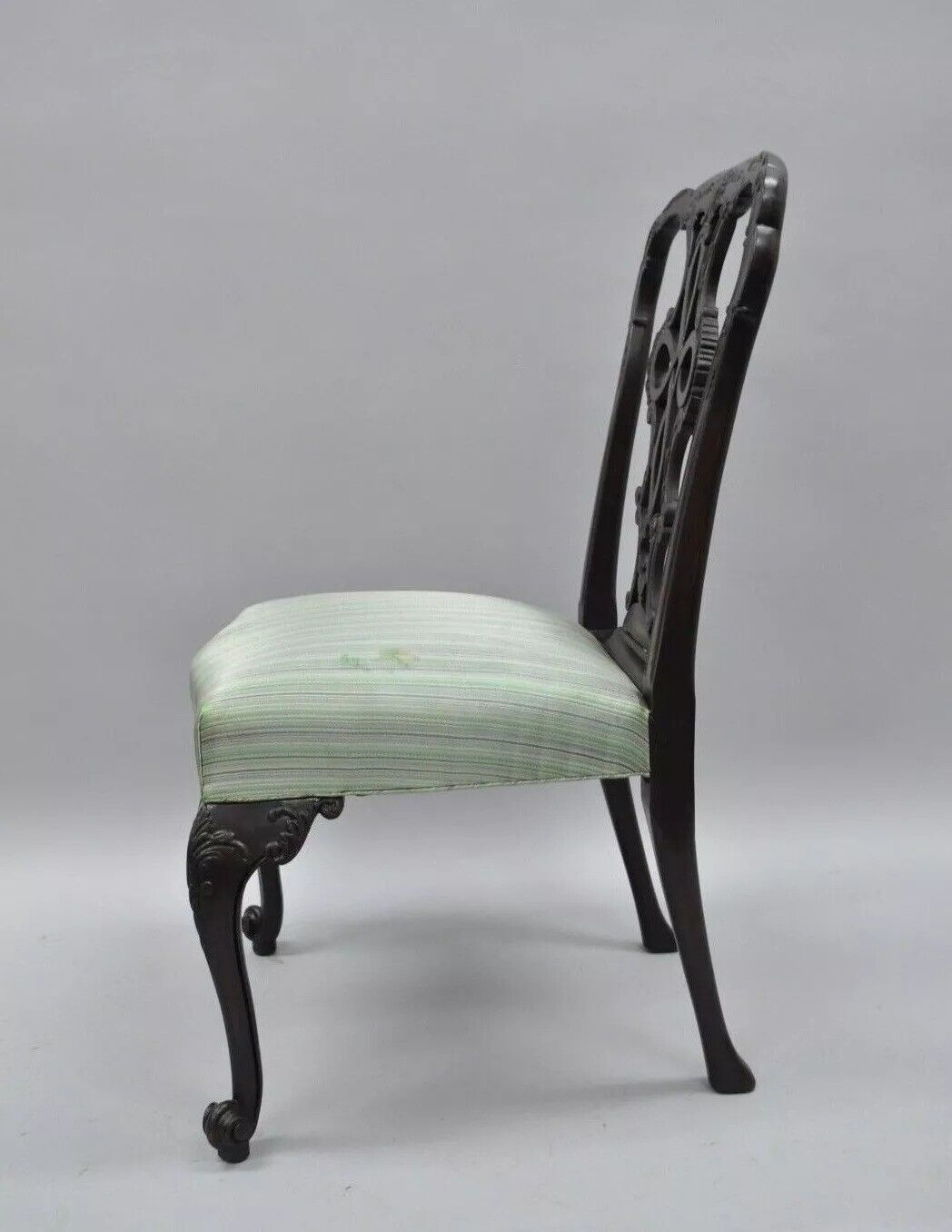 Antique Georgian Style Carved Ribbon Back Solid Mahogany Dining Side Chair (C)
