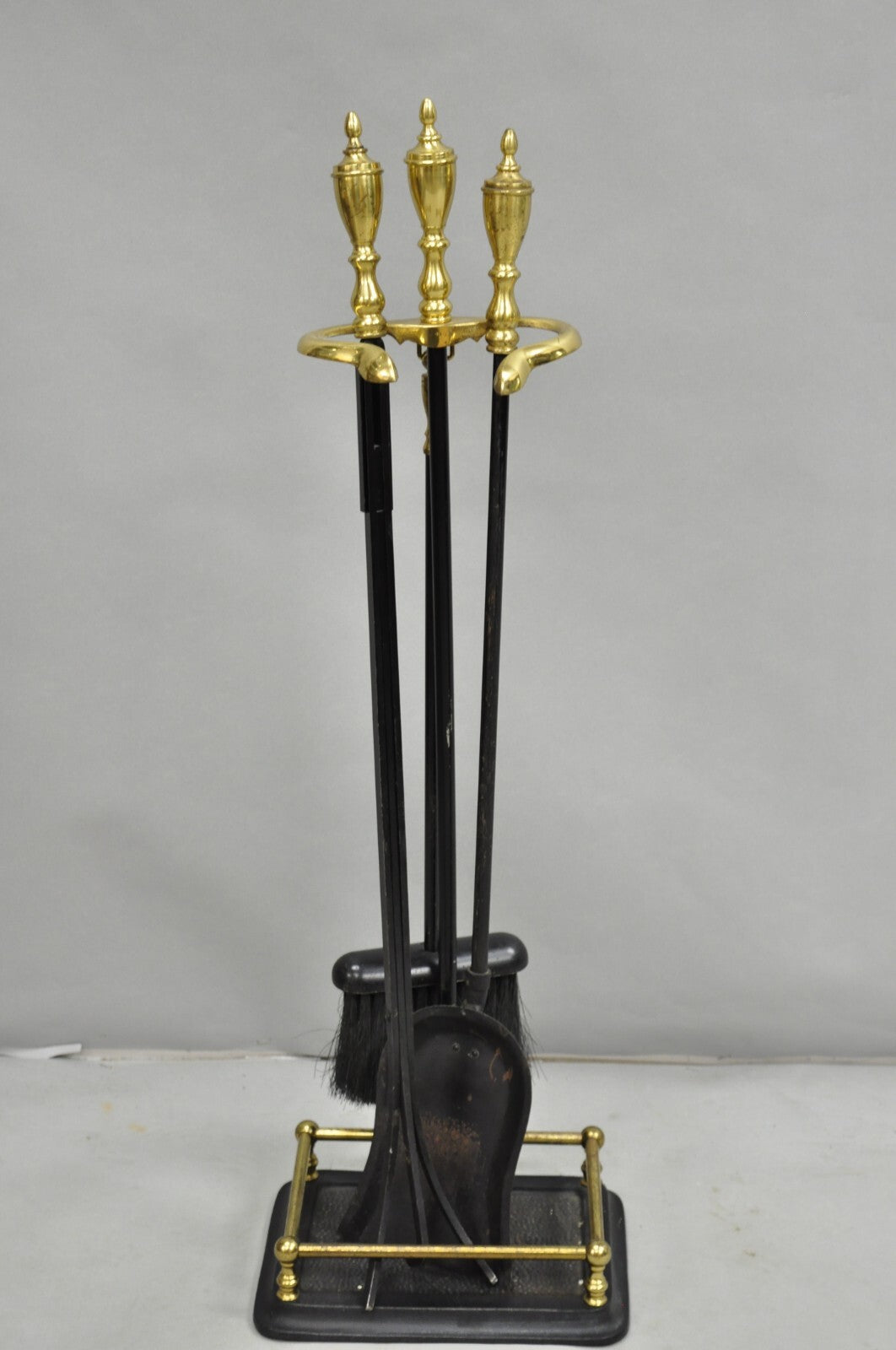 Vintage Federal Style Brass Urn Finial Cast Iron Fireplace Tool Set - 4 Pc Set