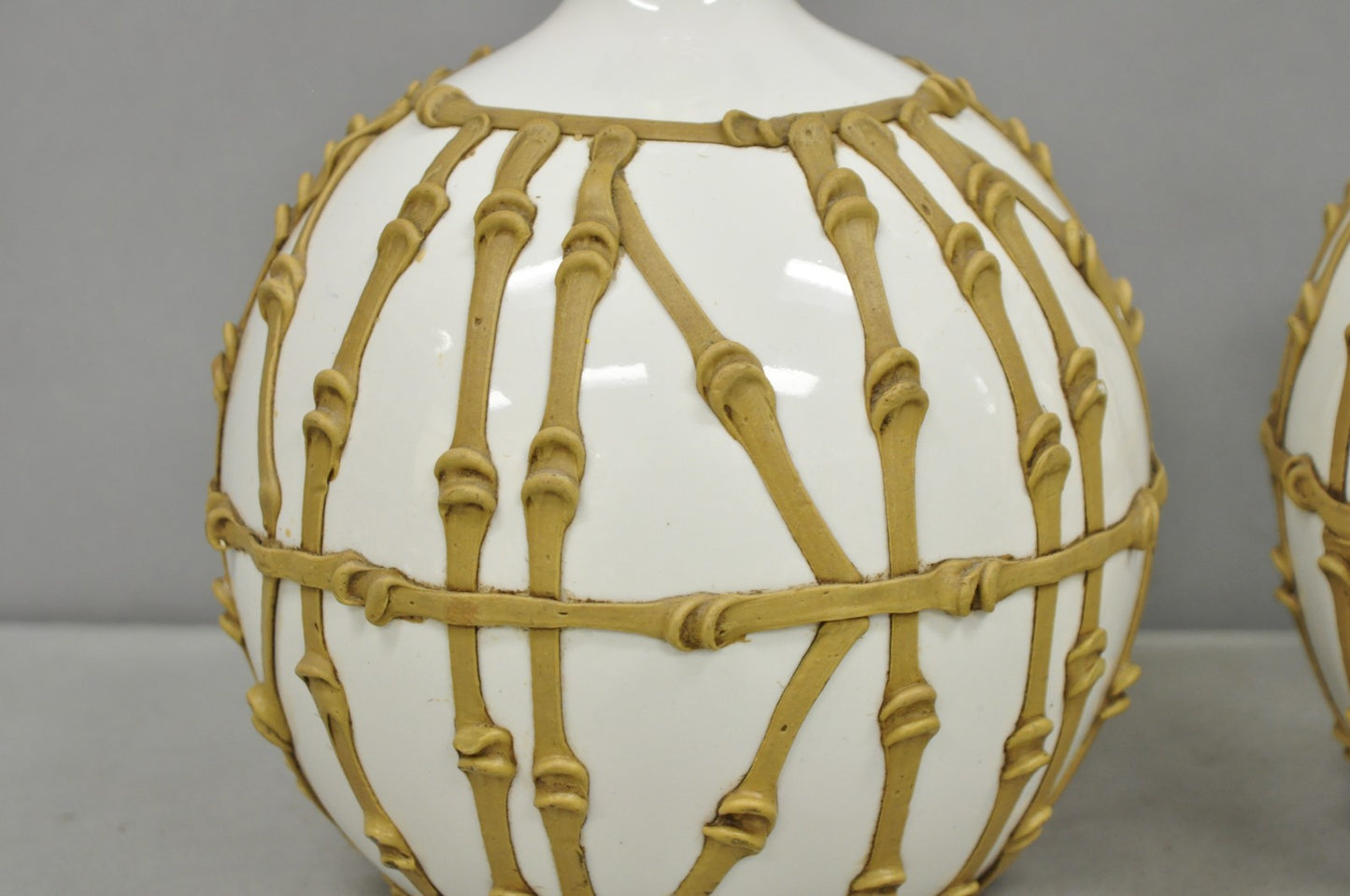 Vintage Hollywood Regency Small Bulbous Ceramic Faux Bamboo Table Lamps - a Pair
