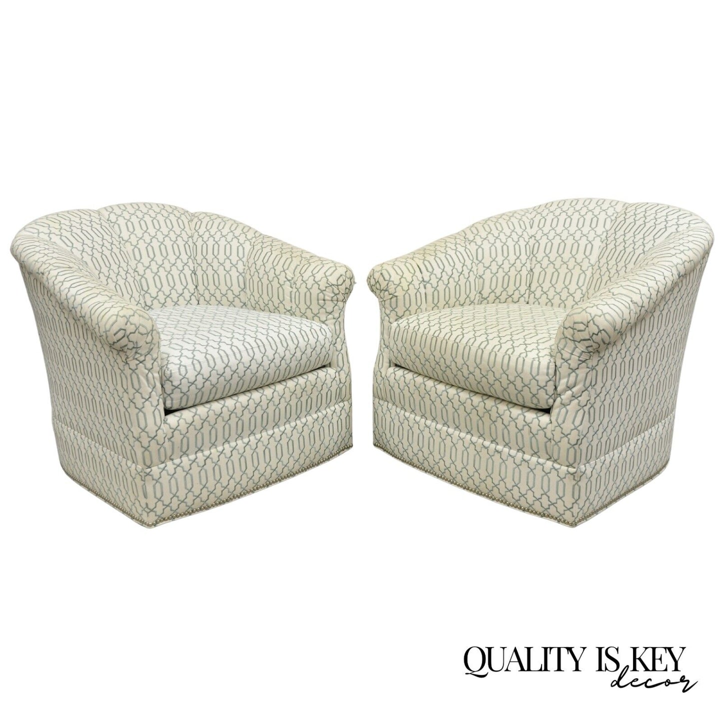 Sherrill Seafoam Green & Off White Swivel Rocker Barrel Back Club Chairs - Pair