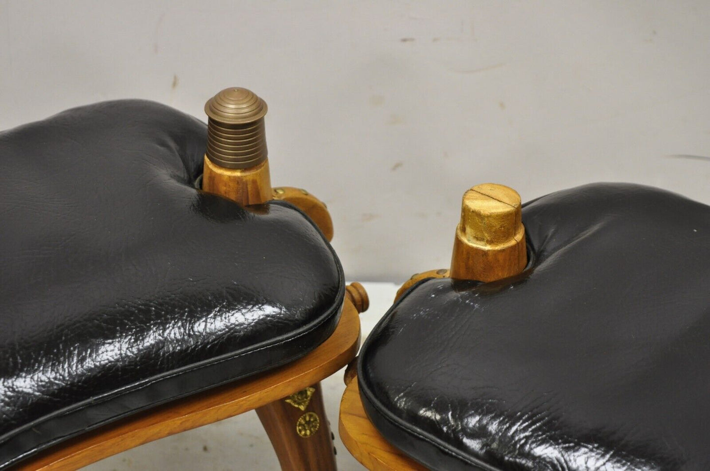 Vintage Camel Saddle Stools Carved Wood Black/Red Cushions - a Pair