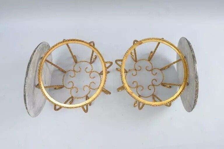 Italian Hollywood Regency Gold Gilt Iron Rope Round Marble Top Low Tables - Pair