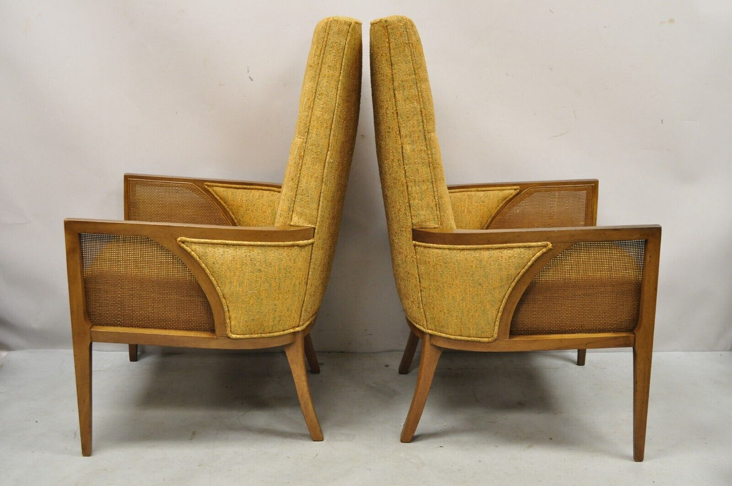 Mid Century Hollywood Regency Sculpted Wood Cane Panel Lounge Chairs - a Pair