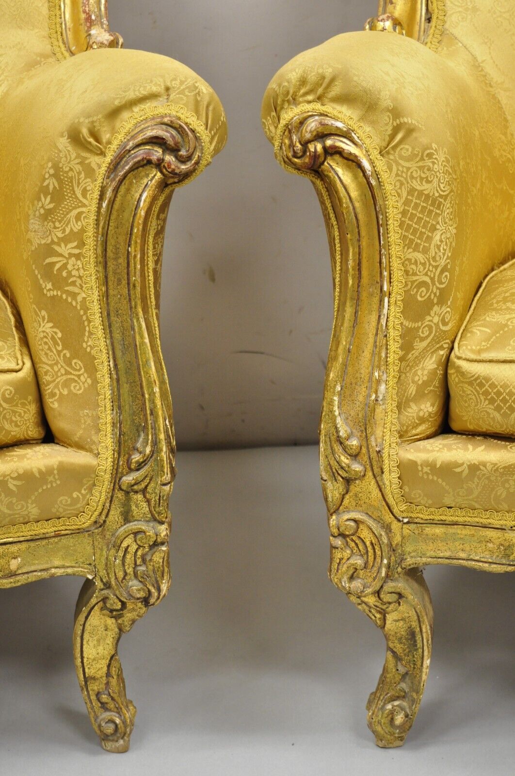 Vintage French Baroque Style Gold Giltwood Upholstered Bergere Club Chair - Pair