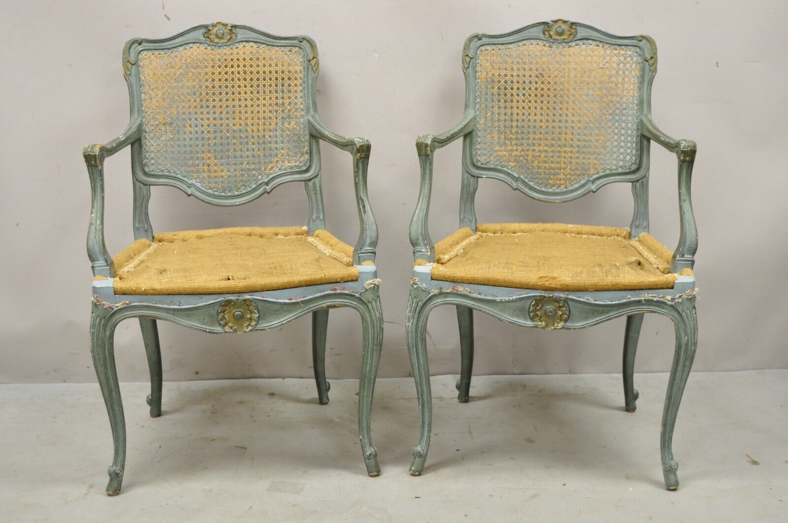 Pair Vintage French Louis XV  Style Blue Painted Cane Back Fauteuil Arm Chairs