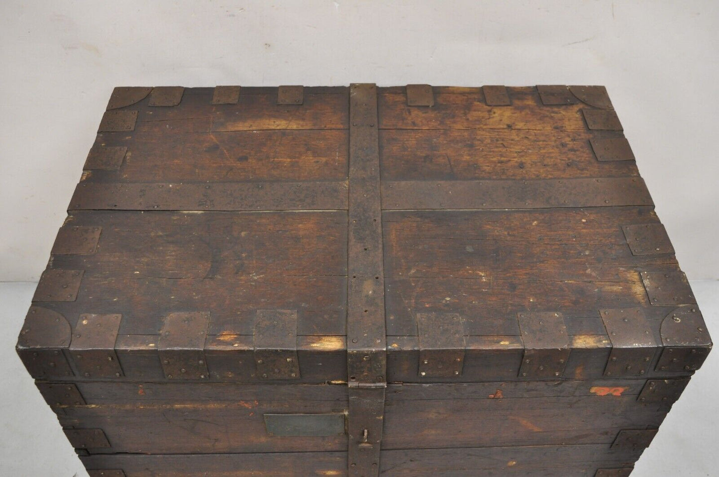19th C. English Oak Wood and Steel Banded Safe Storage Cabinet Chest Trunk