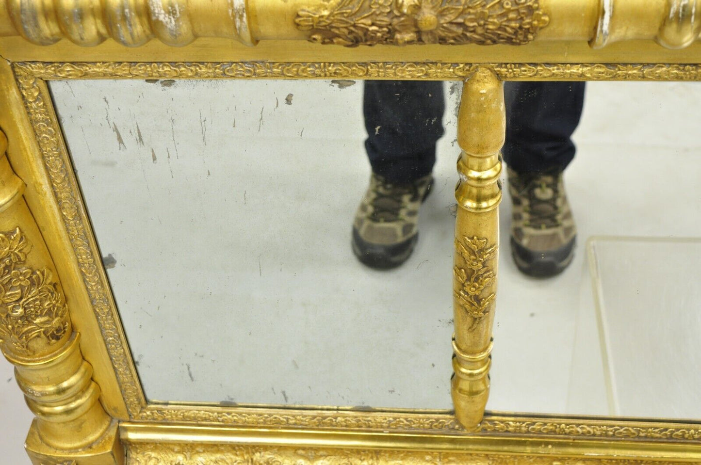 Antique American Federal Gold Giltwood Overmantle 66" Triple Mirror
