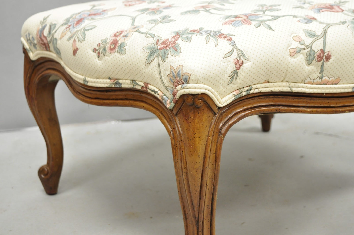 Vintage French Country Louis XV Carved Walnut Pink Floral Footstool Ottoman