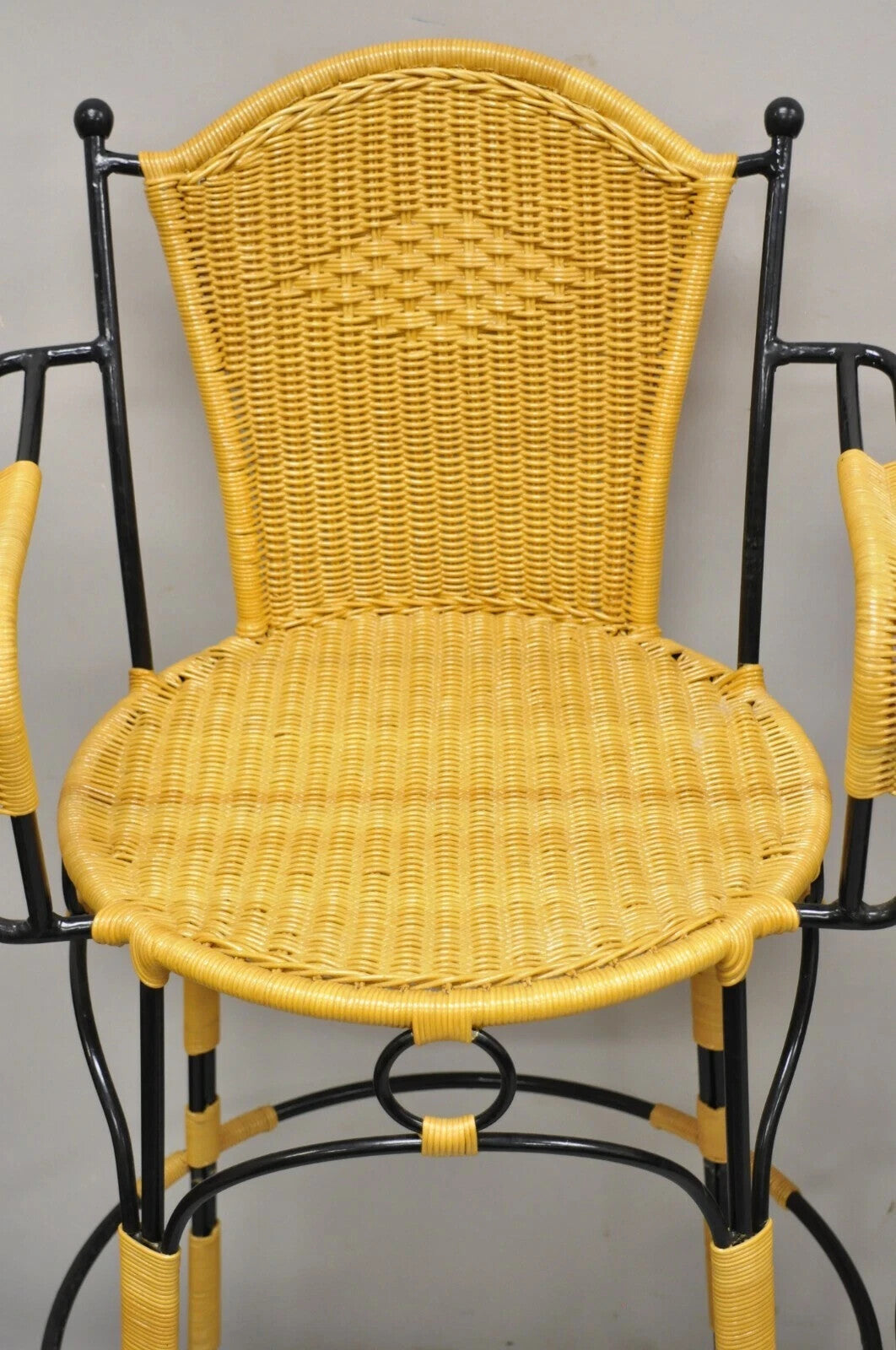 French Country Wrought Iron Woven Vinyl Rattan Bar Stools With Arms - Set of 4