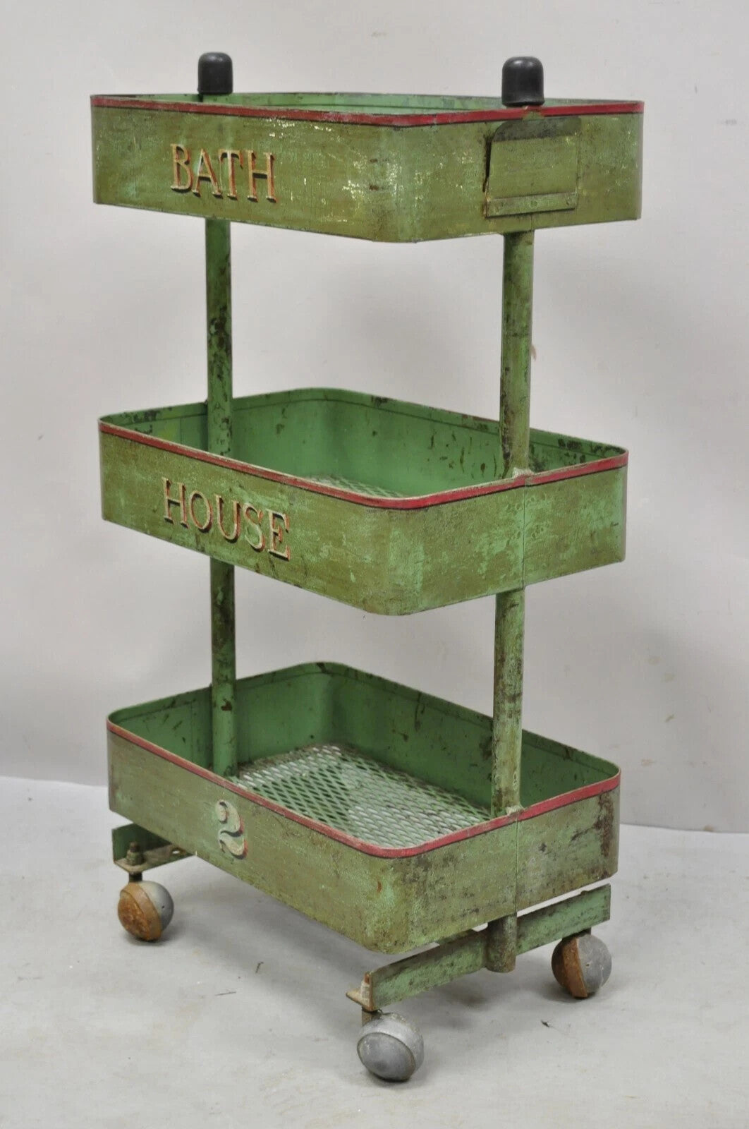 Antique "Bath House 2" Green Painted Metal 3 Tier Rolling Bathroom Trolley Cart