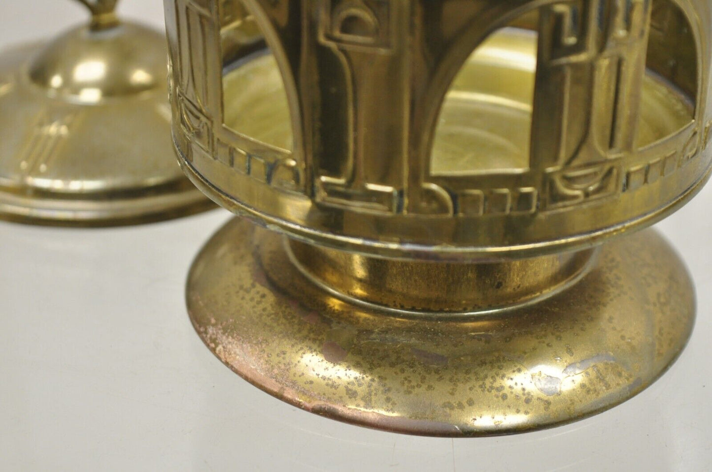 Antique German Art Nouveau Brass Metal Pickle Castor w/ Etched Glass Insert