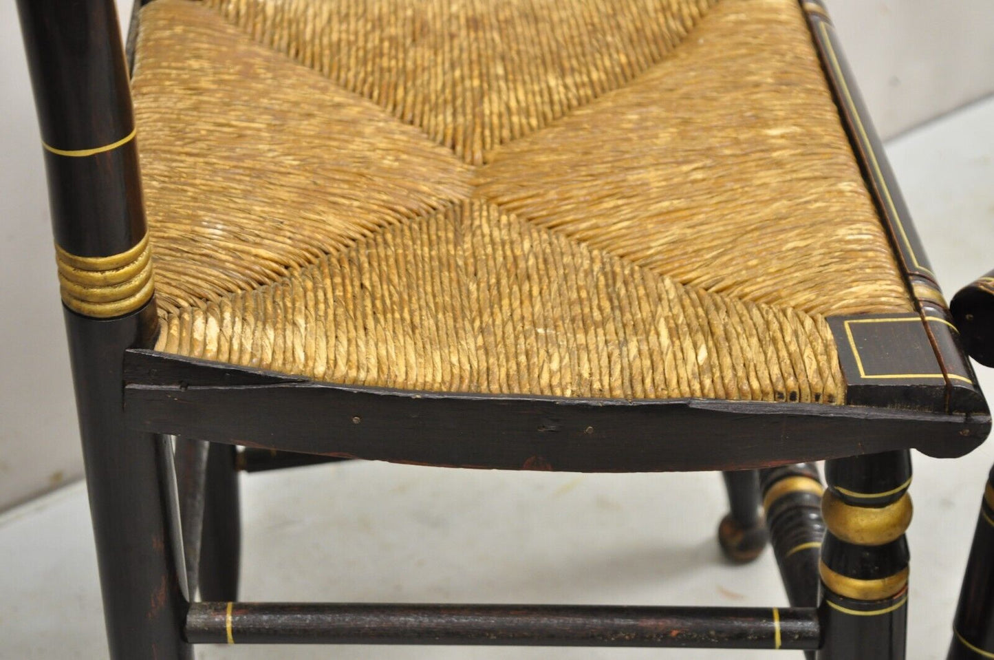 Antique Hitchcock Black and Gold Harvest Stencil Rush Side Chairs - a Pair