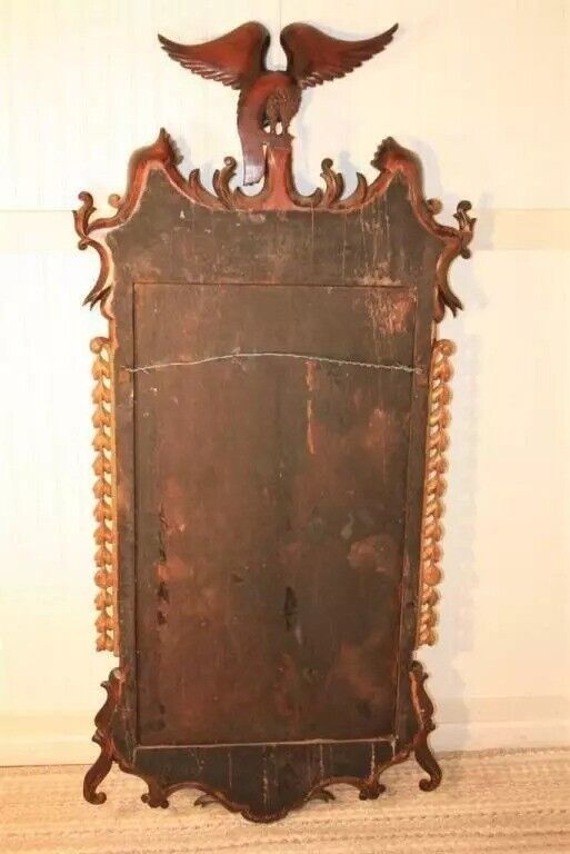Antique Chippendale Style Mahogany and Giltwood Phoenix Bird Large Wall Mirror