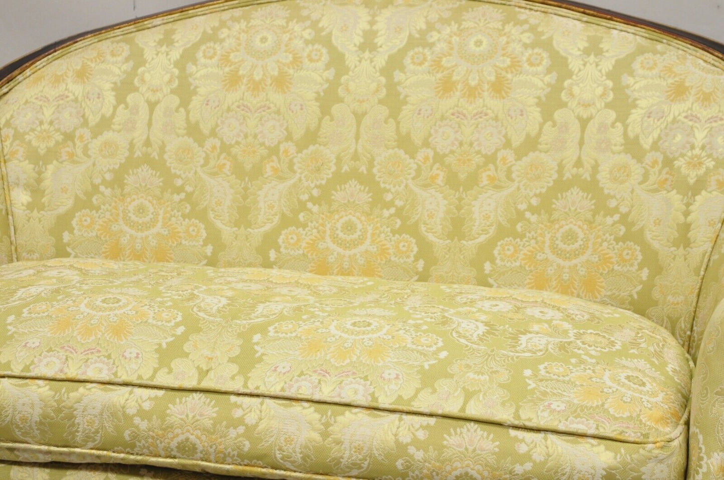 Vintage French Hollywood Regency Barrel Back Upholstered Loveseat Settee Sofa