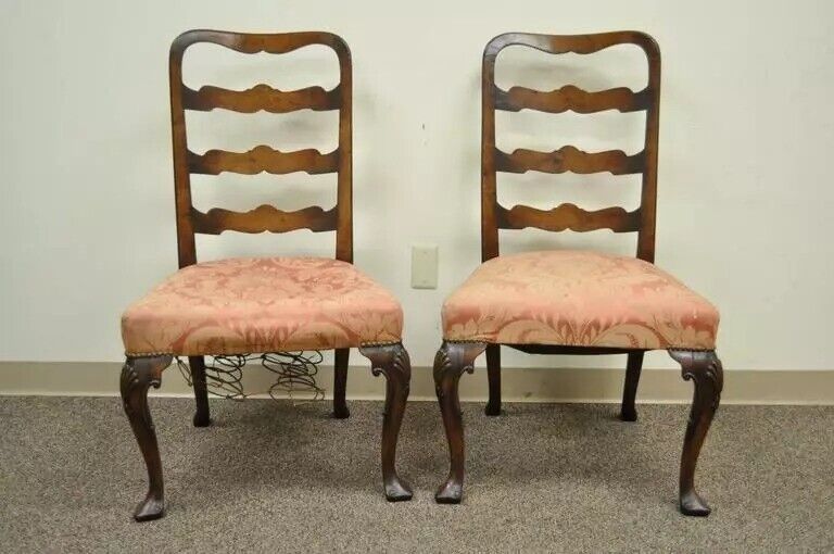 Antique George II Ribbon Back Irish Ladder Back Walnut Dining Side Chairs - Pair