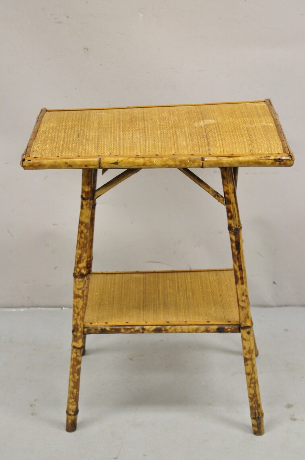 Antique English Victorian Bamboo and Cane 2 Tier Plant Stand Side Table