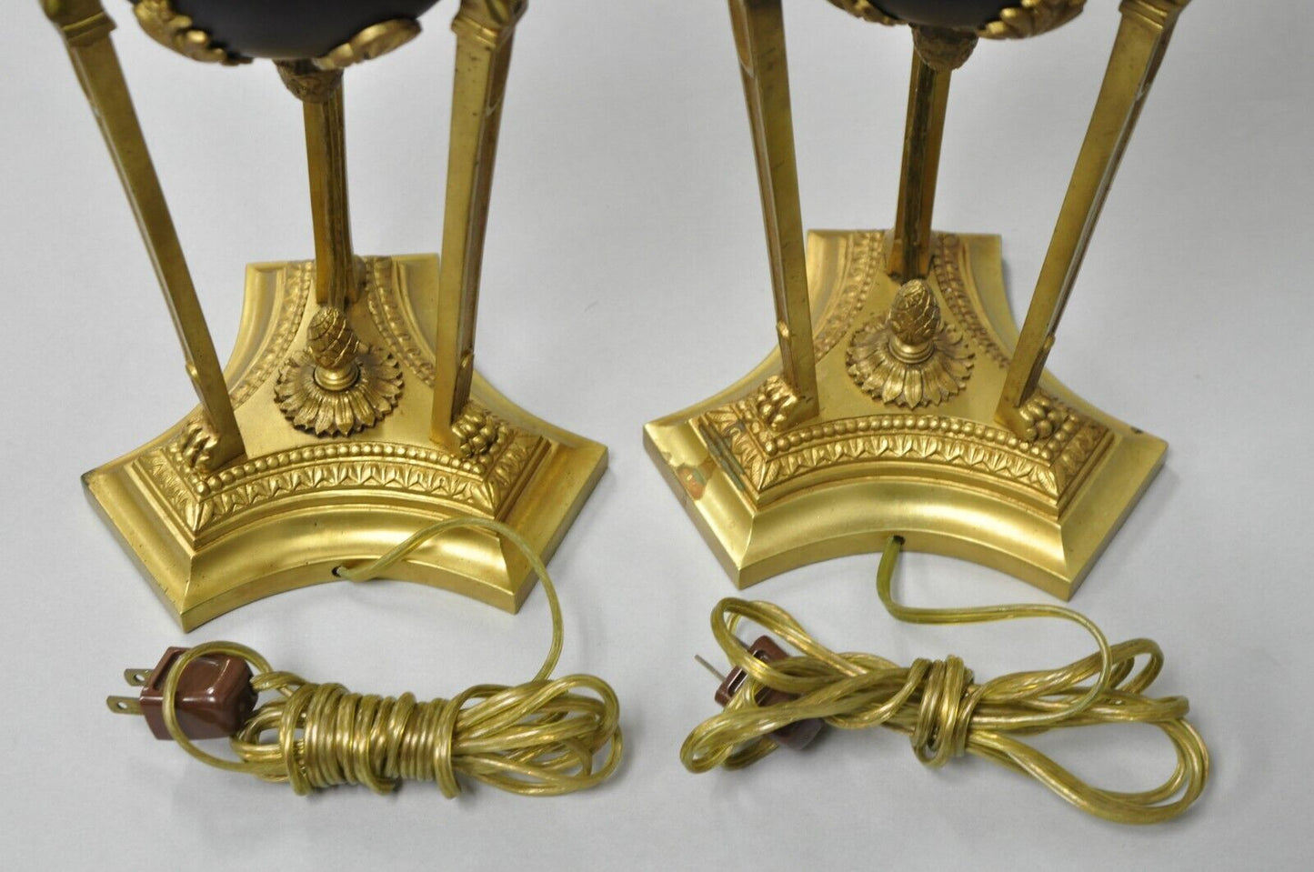 Vintage French Empire Style Figural Woman Black & Gold Brass Table Lamps - Pair