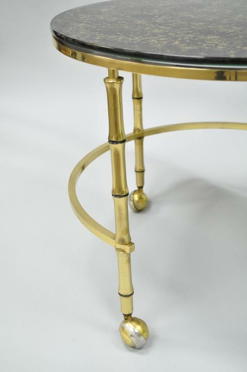 Hollywood Regency Brass & Glass Faux Bamboo Round Nesting Side Coffee Table