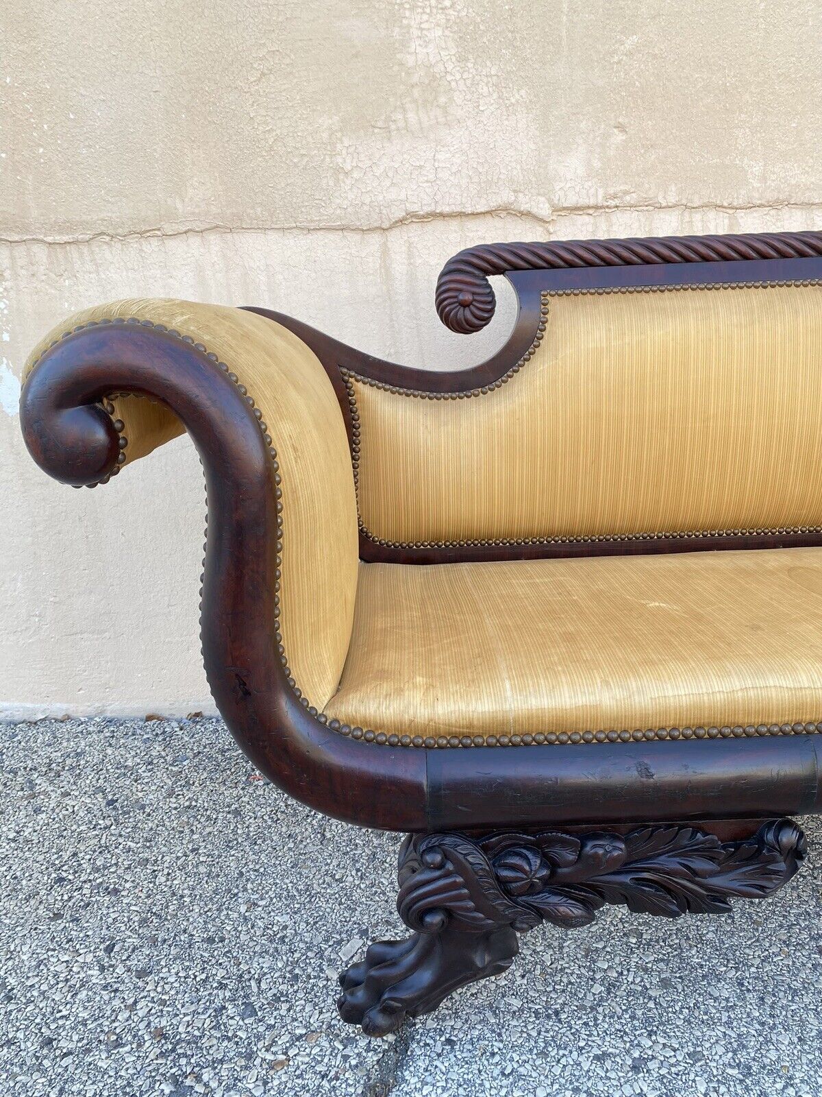Antique American Empire Classical Carved Mahogany Paw Foot Rolled Arm Sofa