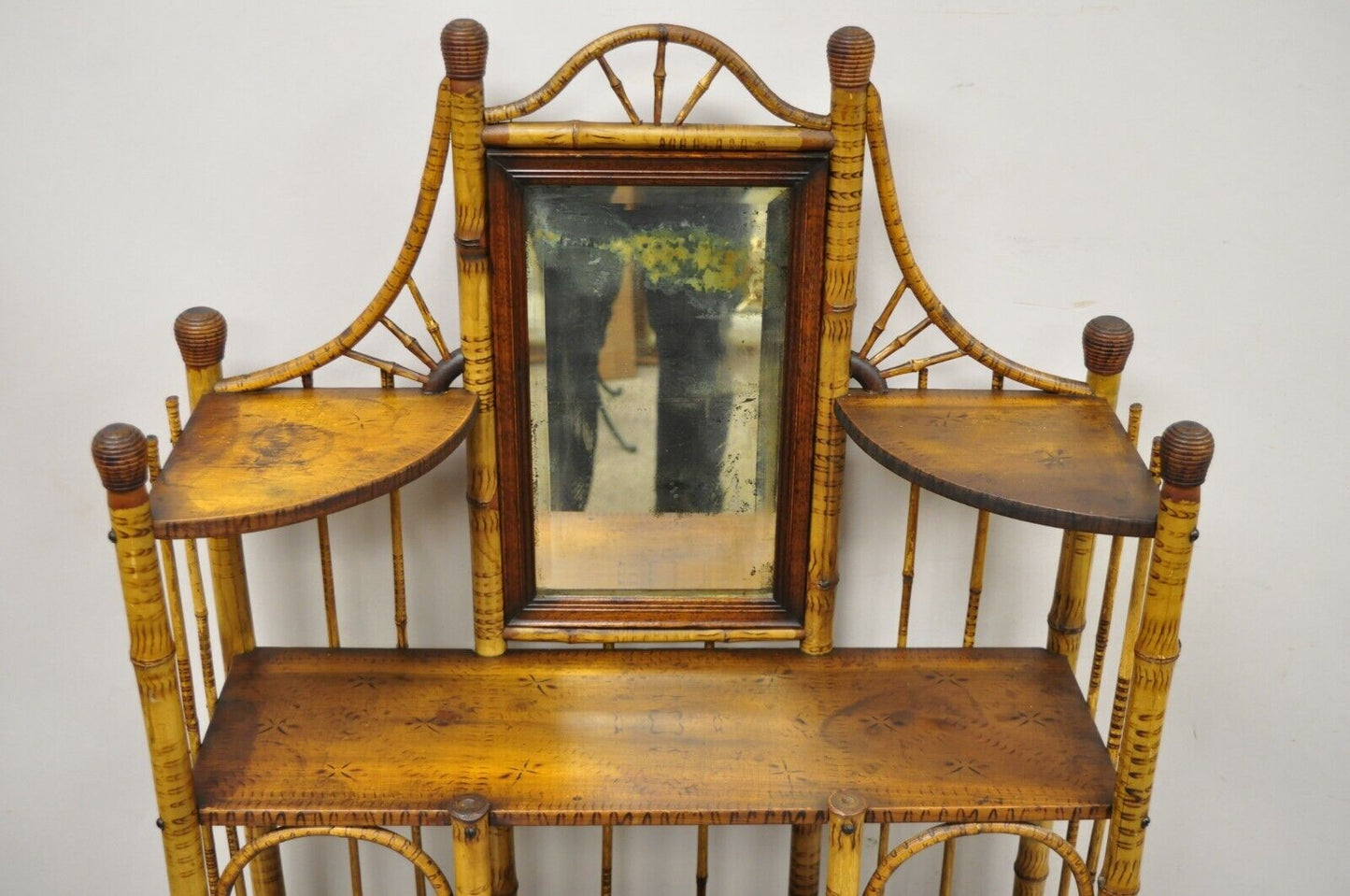 19th C. English Victorian Bamboo Stick and Ball Curio Shelf Display Etagere