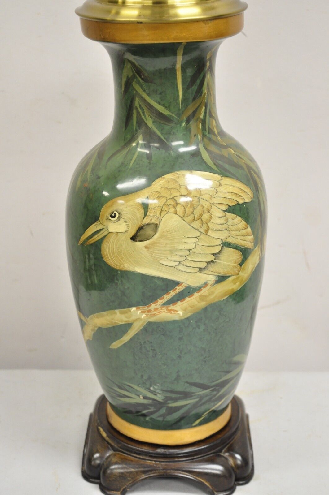 Vintage Chinoiserie Green Porcelain Jardiniere Table Lamp w/ Birds by Wildwood