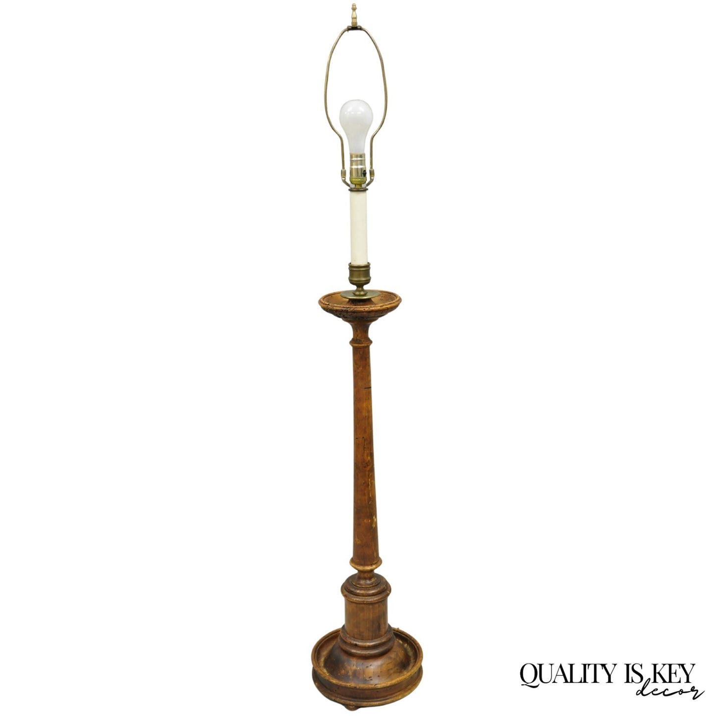 Vintage French Country Carved Wood Distressed Candlestick Floor Lamp by Chapman