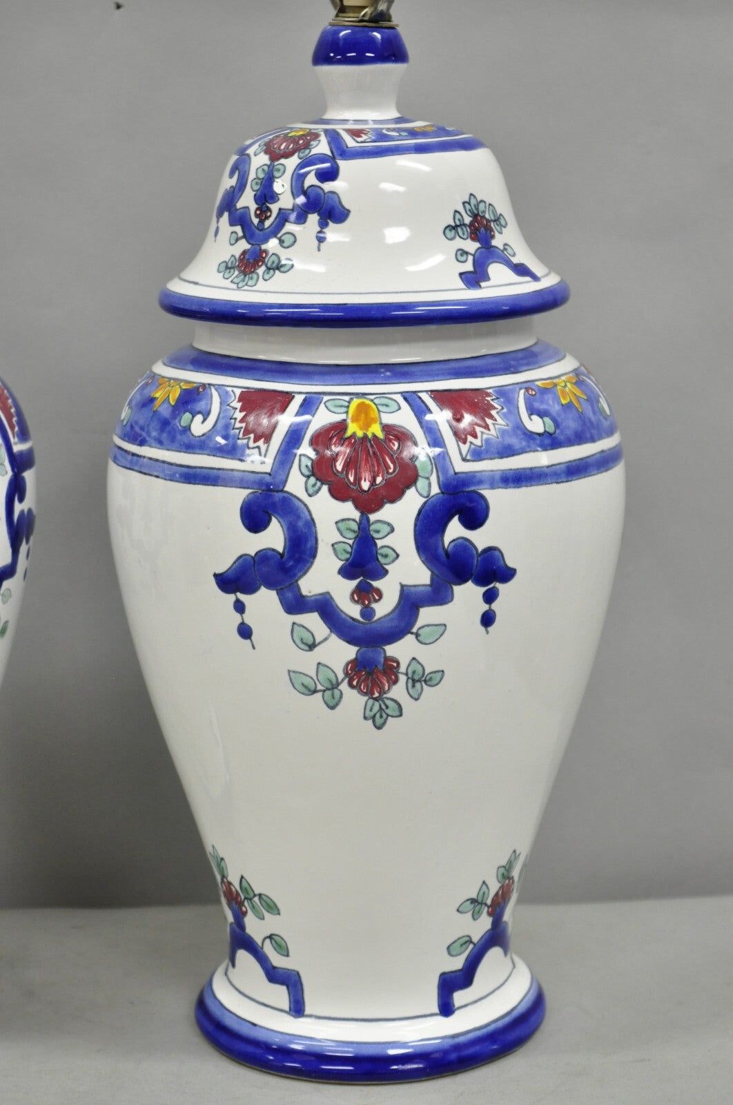 Vintage Chinoiserie White Blue Porcelain Ceramic Jardiniere Table Lamp - a Pair