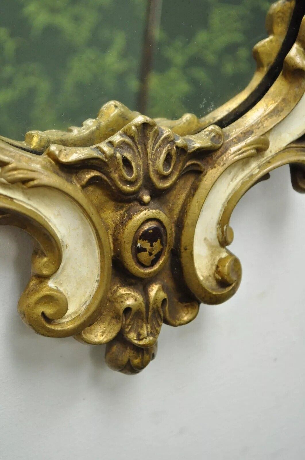 Vintage Italian Rococo Style Gold Giltwood White Shell Carved Wall Mirror