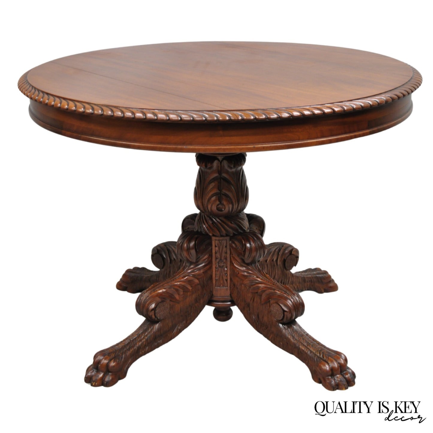 Antique French Empire Carved Mahogany Paw Foot Pedestal Base Round Center Table