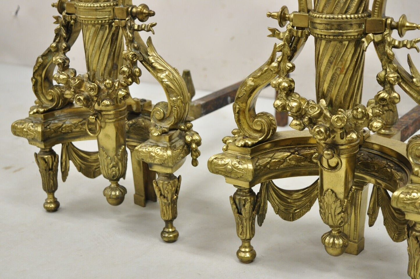 Antique French Louis XVI Style Gilt Bronze Quivers & Arrow Tall Andirons - Pair