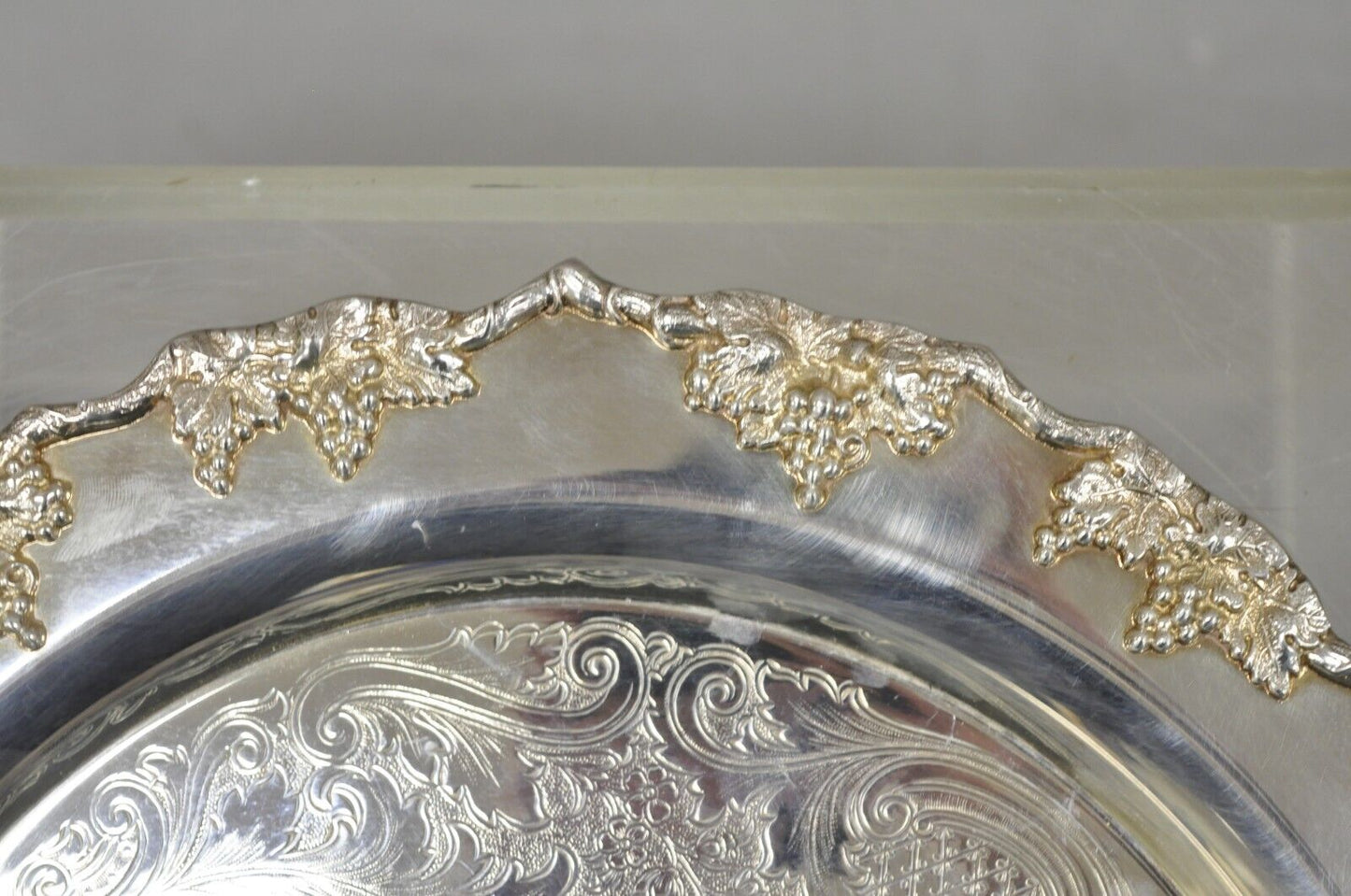Vintage Crescent Silver Plate 17" Grape Vine Pattern Round Platter Tray