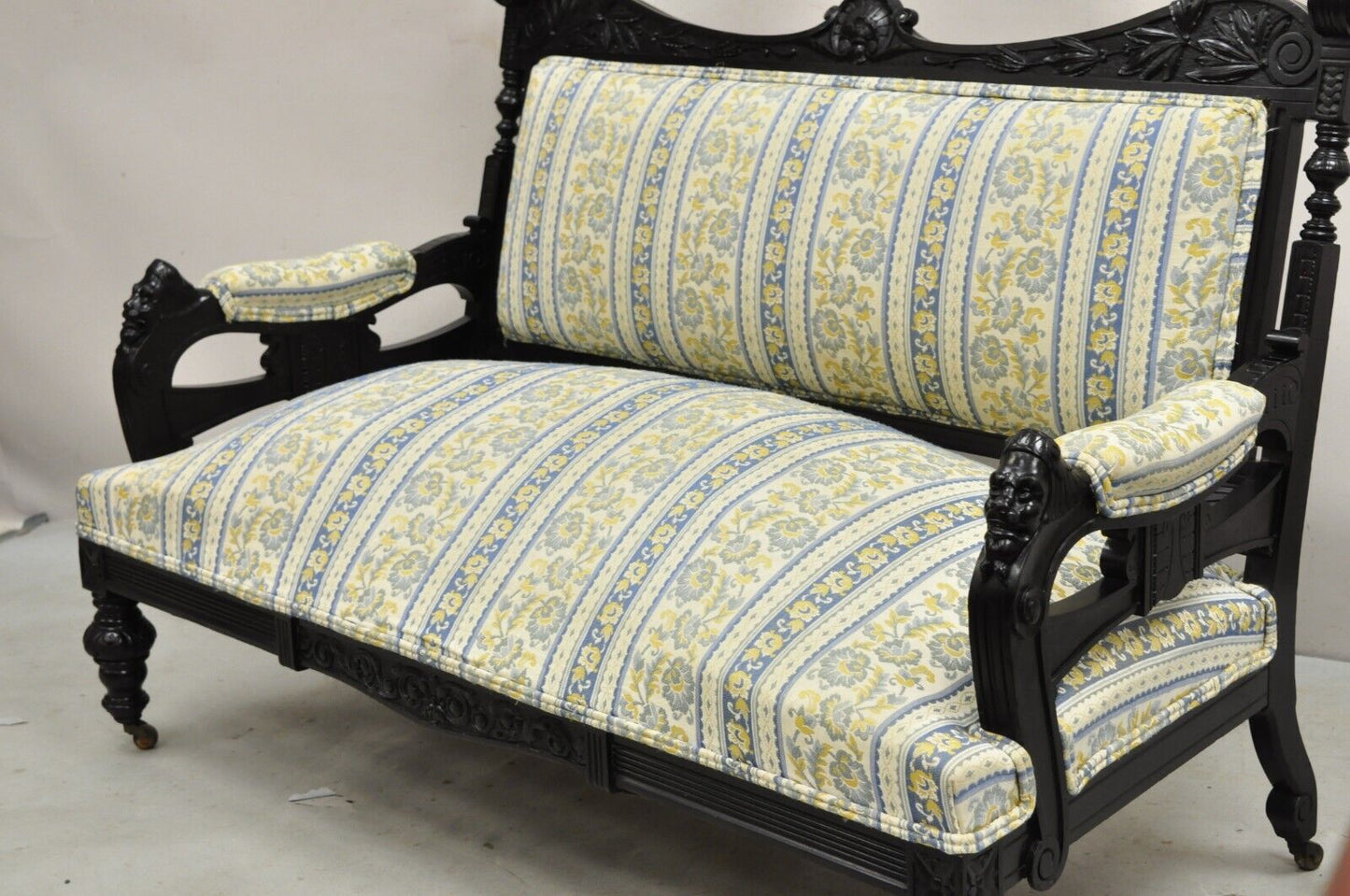 Antique Victorian Aesthetic Movement Black Ebonized Figural Carved Loveseat Sofa