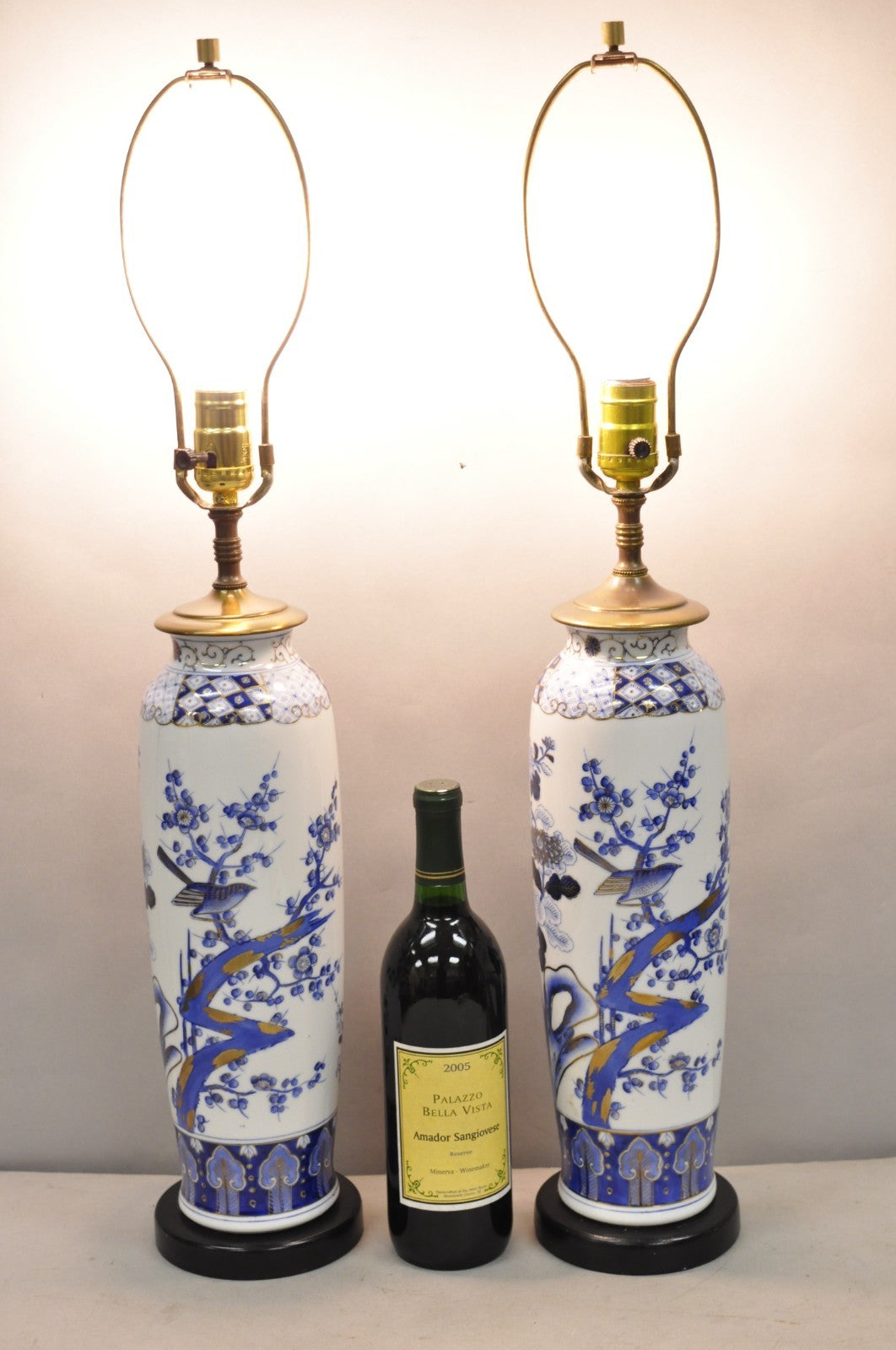 Vintage Chinoiserie Blue White Porcelain Bird & Plum Blossom Table Lamp - a Pair