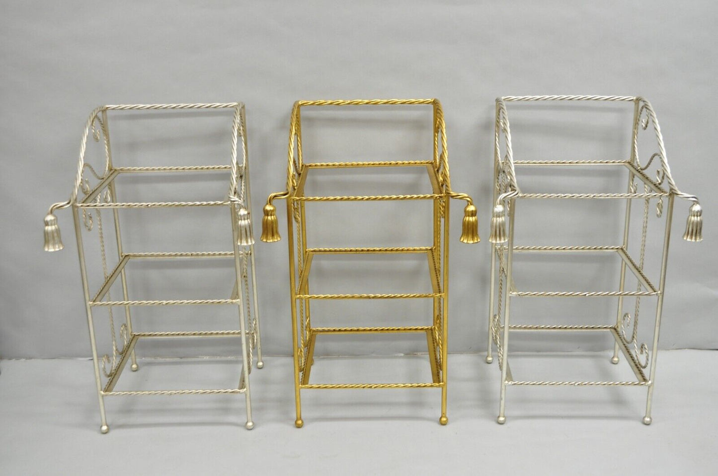 Italian Hollywood Regency Silver Iron Tassel 3 Tier Etagere Towel Rack Stand