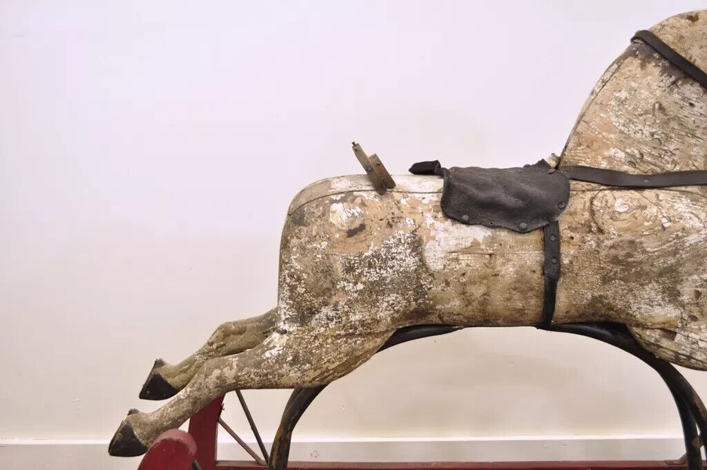Antique Primitive Glider Rocking Hobby Horse Rustic Carved Wood Cast Iron Red