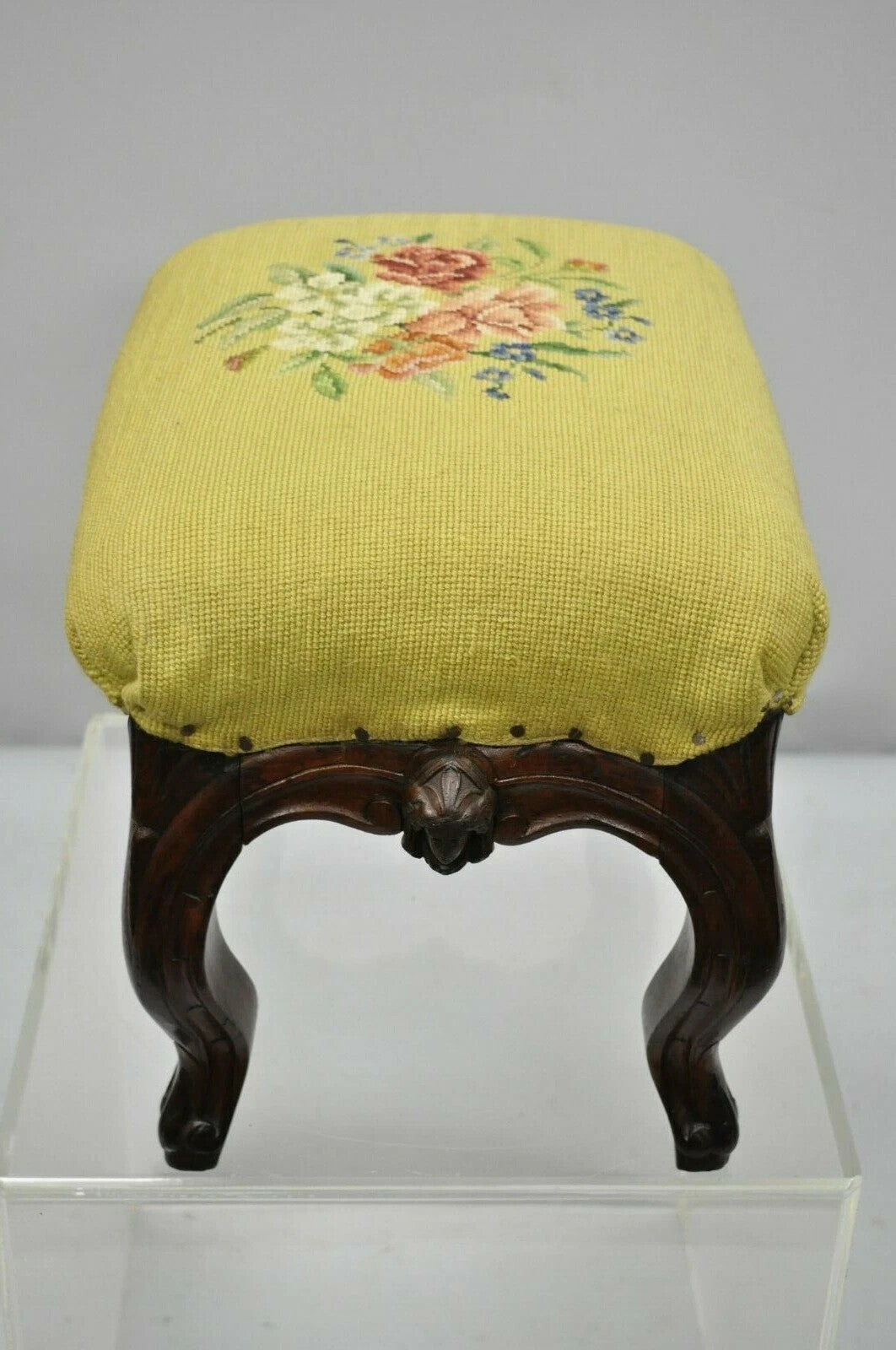 Antique Victorian Walnut Figural Lion Female Face Needlepoint Footstool Ottoman