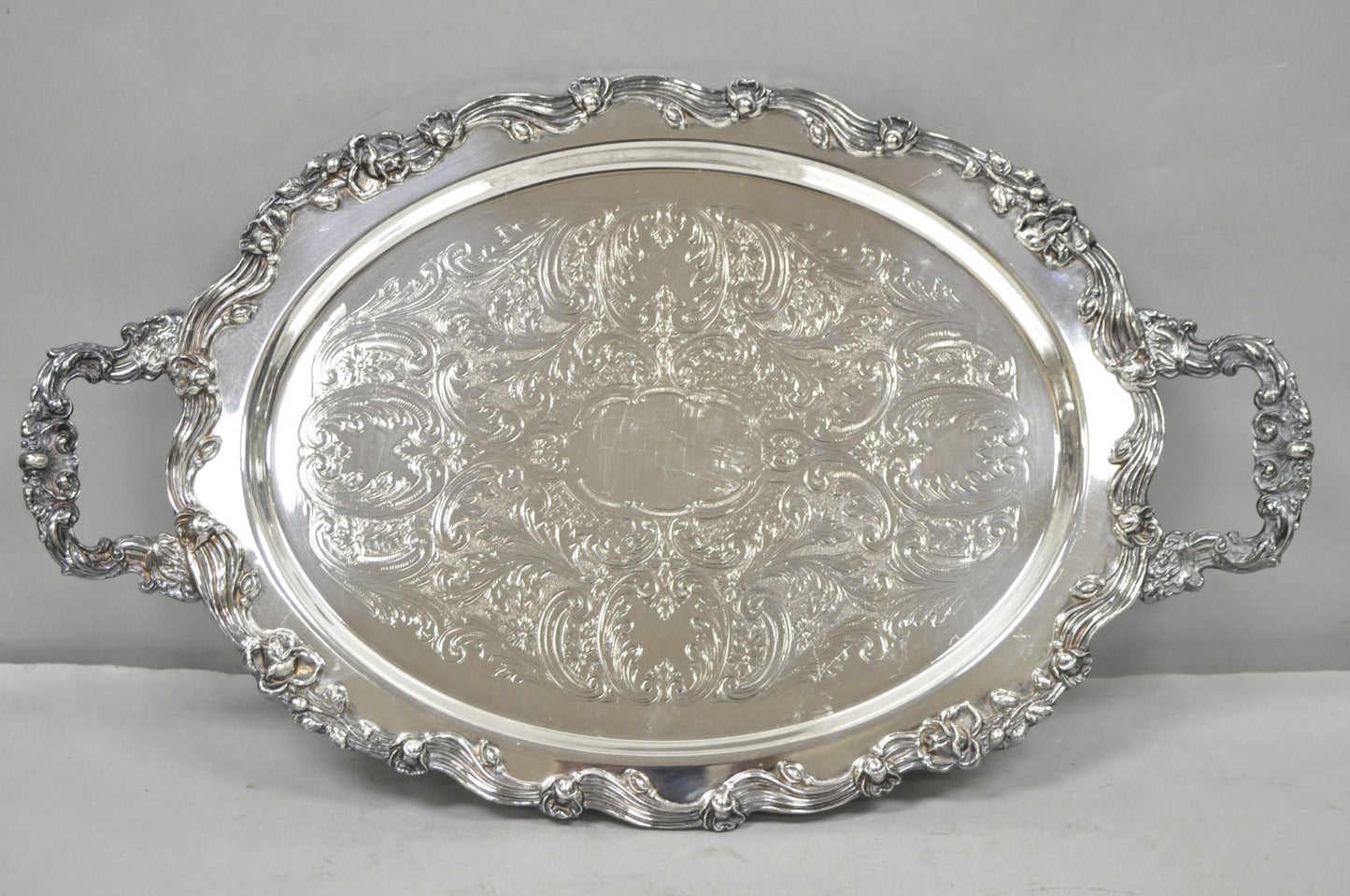 Vintage Sheffield English Victorian Oval Silver Plated Footed Bar Tray w/Handles