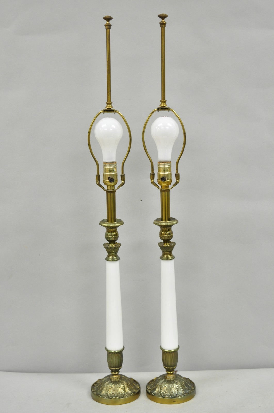 Vintage Stiffel White Glass Column French Hollywood Regency Table Lamps - a Pair