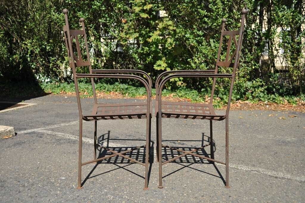 Vtg Neoclassical Regency Style Iron X Form Stretcher Garden Arm Chairs - a Pair
