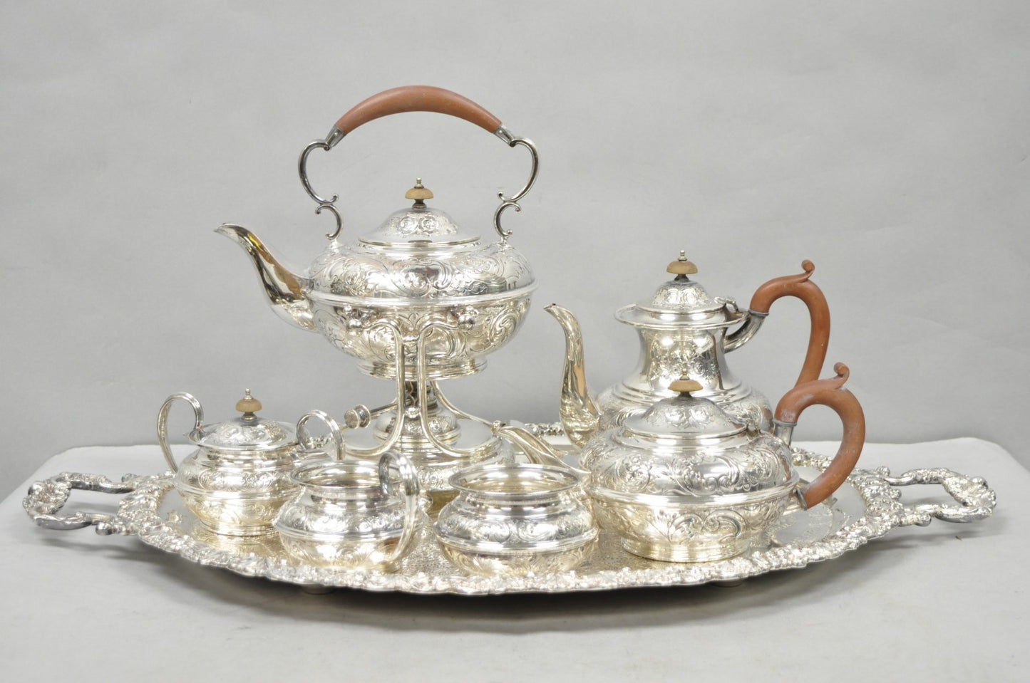 Antique Barker Ellis English Victorian Silver Plated Tea Set w/Tray - 7 Pc Set