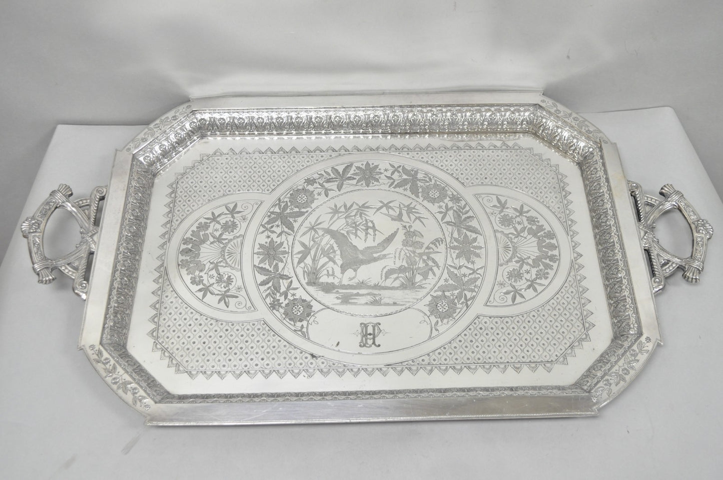 Antique Rogers Smith & Co Art Nouveau Large Silver Plated Crane Bird Etched Tray