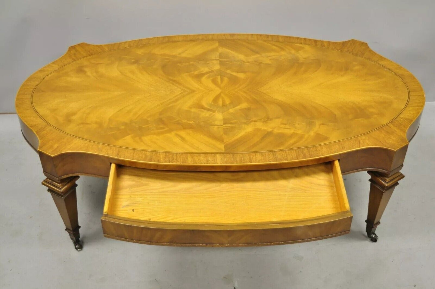 Heirloom Weiman Regency Style Flamed Mahogany One Drawer Coffee Table on Casters
