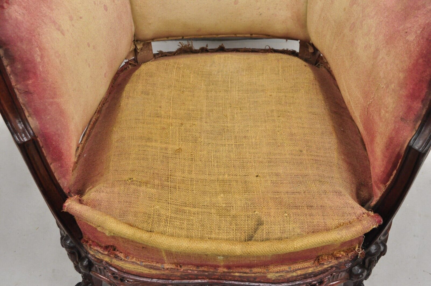 Antique French Art Nouveau Carved Mahogany Bergere Club Lounge Arm Chair