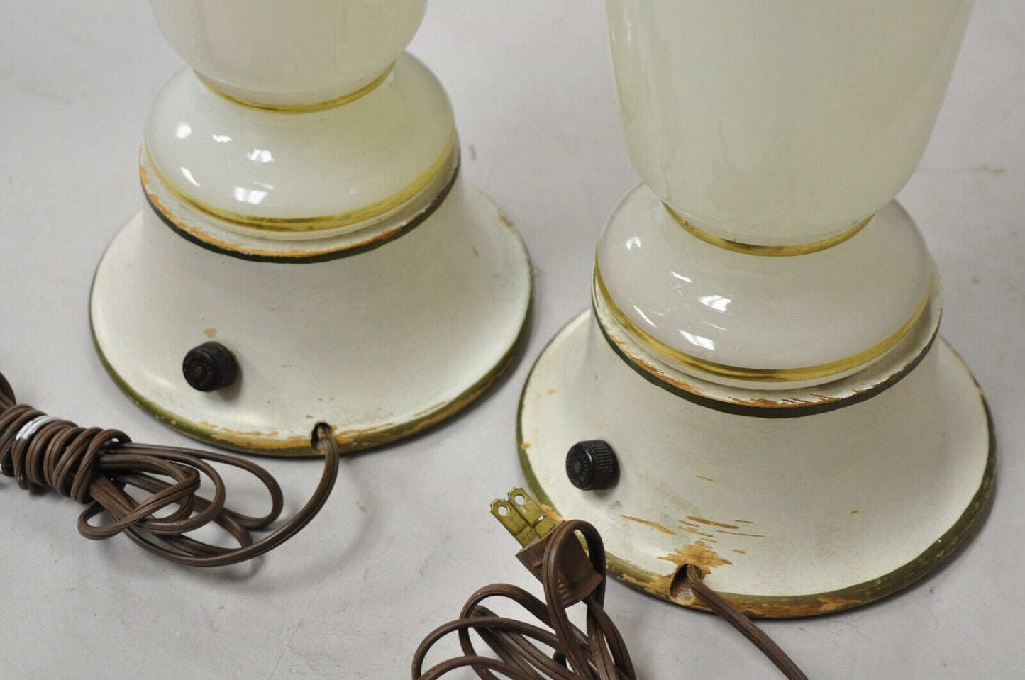 Vintage French Neoclassical Style Opaline Vaseline Glass Table Lamps - A Pair
