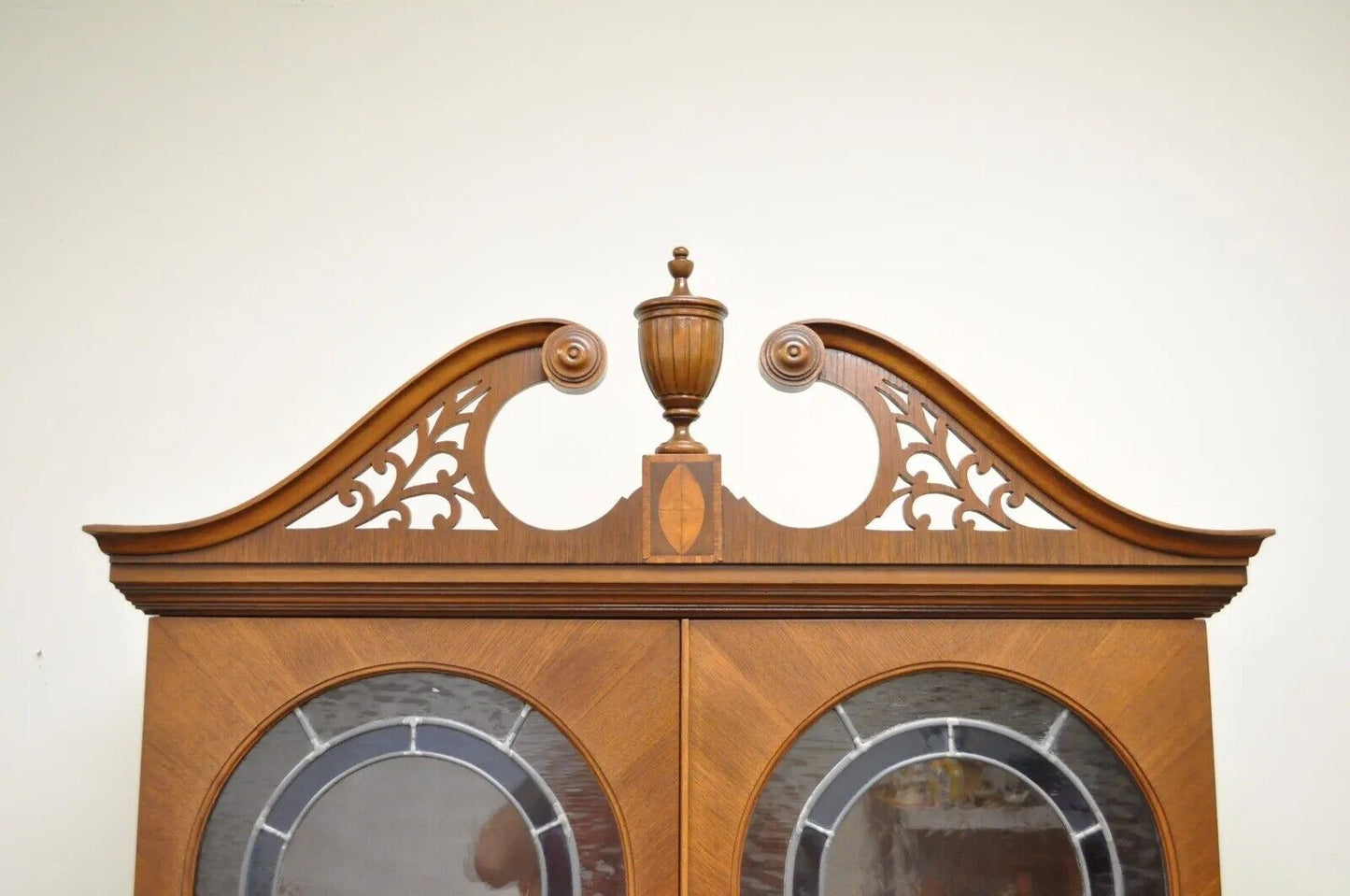 Antique Federal Style Mahogany China Display Cabinet with Stained Glass Doors