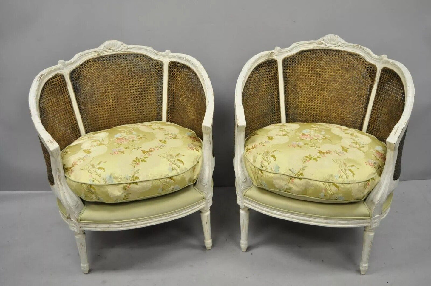 French Louis XVI Style White Distress Painted Cane Bergere Club Chairs - a Pair