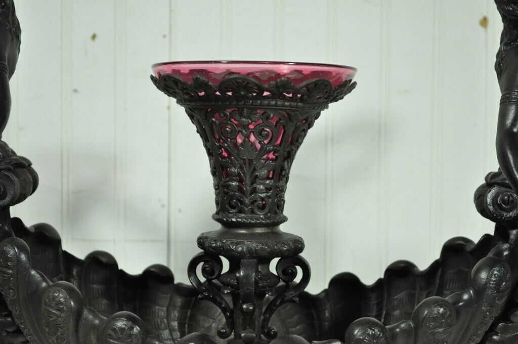 Antique Victorian Spelter & Marble Figural Mermaid Centerpiece Bowl Vase Epergne