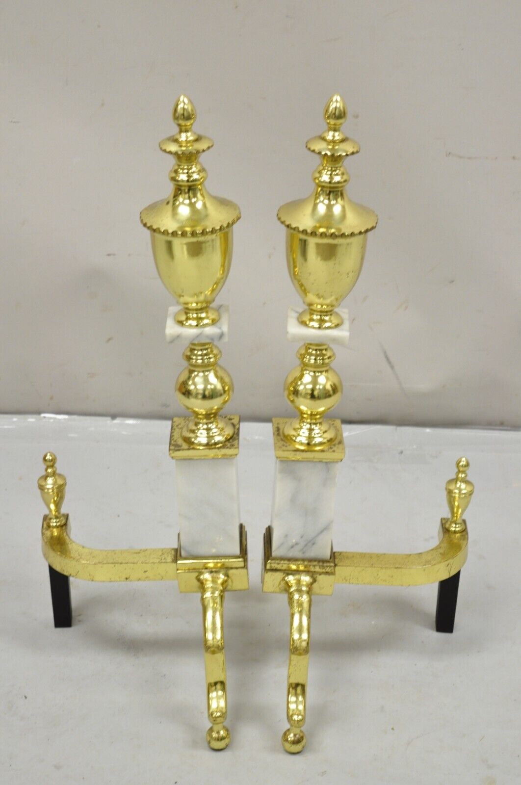 Vintage Brass Urn & Marble Federal Style Branch Leg Fireplace Andirons - a Pair